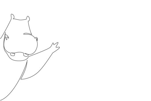 Continuous line drawing of a hippo raising its arm in a friendly wave, styled in a minimal sketch . This nature concept artwork is ideal for Say Hi Day celebrations. vector