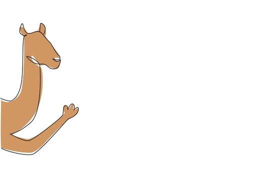 One line drawing of a camel waving its leg behind a wall, symbolizing desert life in a nature concept for international desert day theme, done in minimalist sketch style. vector