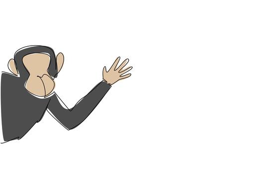 Continuous line drawing of a chimpanzee waving its hand behind a wall, symbolizing primates and jungle life in a nature concept, themed for International Primate Day events. vector