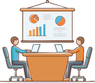 Business meeting with data analysis presentation, people working on laptops at conference table vector