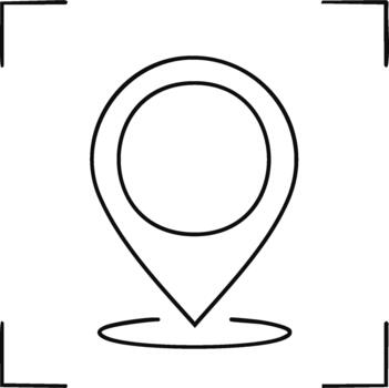 Hand drawn location pin icon within camera focus frame pinpointing a digital map destination vector