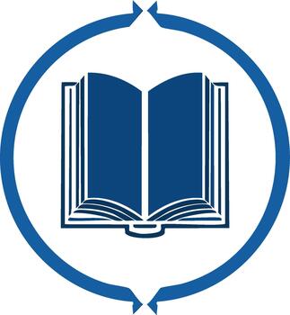 Stylized blue open book inside a continuous circular arrow graphic representing education and infinite knowledge vector