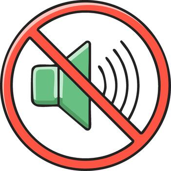 Sound off prohibition signal featuring a loudspeaker crossed out by a red circle, no sound warning icon in cartoon style vector