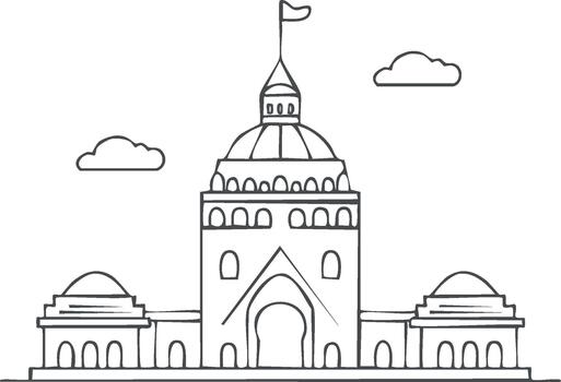 estilizado arquitectónico bosquejo de un histórico torre con bandera y nubes vector