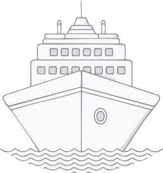 Stylized cruise ship front view floating on wavy ocean simple outline, illustration style vector
