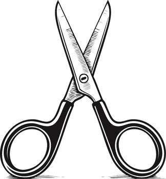 Stylized open scissors showing blades, black handles and sketched line art, a cutting tool vector