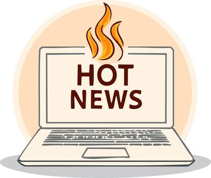 Laptop displaying 'Hot News' text, topped by a stylized flame icon, creating a sense of urgency and excitement vector