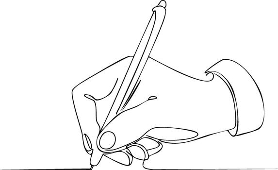 Line art drawing of a hand writing or signing with a pen creating a straight line on a white backdrop vector