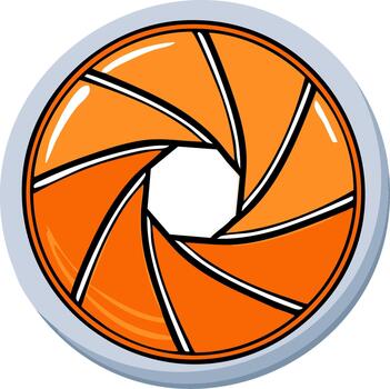 Camera aperture illustration with orange petals forming an opening in a round frame vector