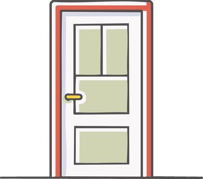 Illustrative White Door with Rectangular Panels, Red Casing and Gold Handle vector