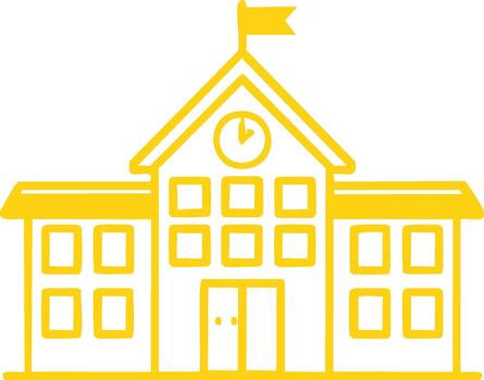 colegio edificio mínimo amarillo línea icono con bandera y reloj en parte superior vector