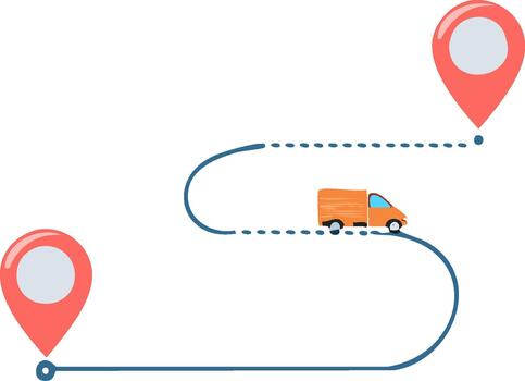 Orange delivery van follows a dotted path between two destination map pins over white vector