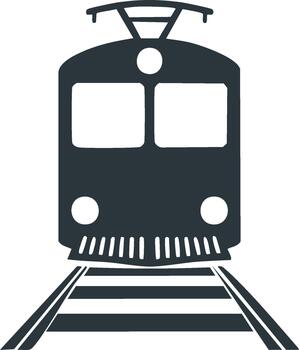 Front view of an isolated train on tracks, rail transportation symbol in dark gray tone vector