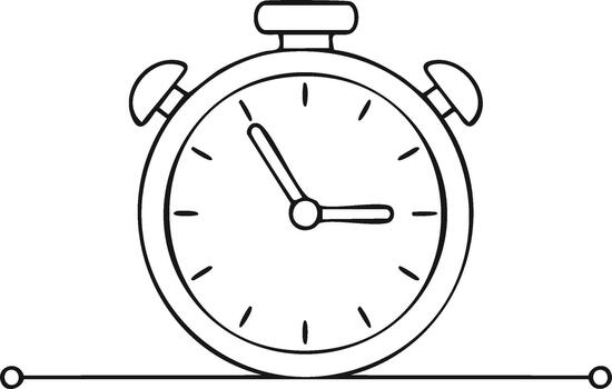 Alarm clock outline drawing of time passing. Clock shows hours and minutes passing with a circle and bell on top of the simple timer design vector