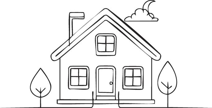 Whimsical House Sketch with Trees and Moon Simple Line Art Home Illustration vector
