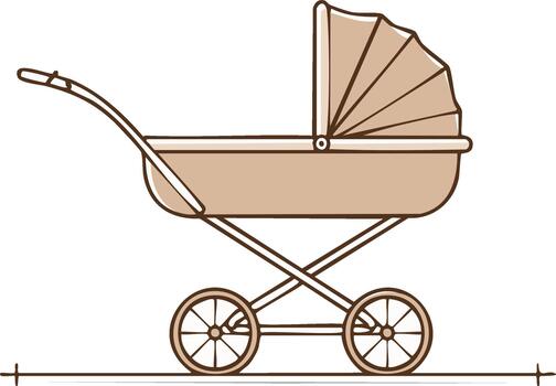 Tan baby stroller with foldable hood. Classic carriage for newborn child in minimal line drawing style. Side view simple buggy vector