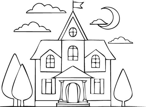 Charming Home Sketch with Moon Trees and Clouds Whimsical Hand Drawn Illustration vector