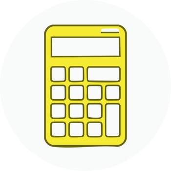 Bright yellow calculator illustration with green stroke on white circle. Basic financial tool for simple mathematical computations vector