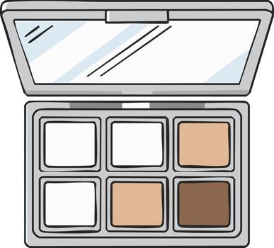 Open eyeshadow palette with assorted neutral tone powders and mirror for cosmetic application vector