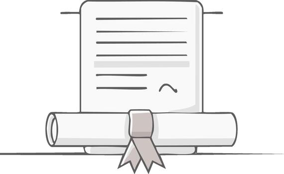 Minimalist illustration of a certificate or diploma with rolled-up document tied with ribbon, graduation and academic achievement vector