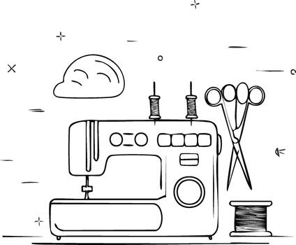 de coser máquina línea Arte ilustración con tijeras y hilo carretes, manualidades vector