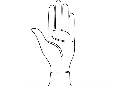 Continuous line drawing of a hand with palm open offering a stop gesture in a minimalist style vector