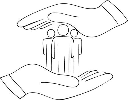 Protective Hands Safeguarding a Group of People Represented by Simplified Line Art for Security and Support Concepts vector