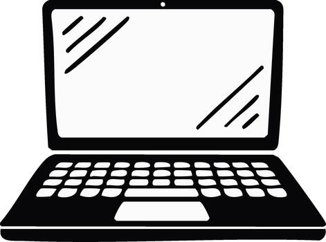 negro y blanco dibujo de un abierto computadora portátil, tecnología dispositivo, pantalla con reflexión, digital equipo, simplista diseño, moderno, minimalista vector