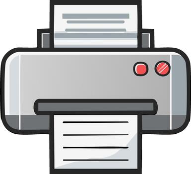 ilustración de un gris impresora con papel en el bandeja, impresión documentos, con rojo poder botón, mínimo vector