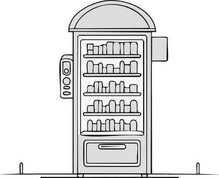 Vending machine illustration, gray tones, outlined, simplified style, rows of product, electronic screen for selection vector