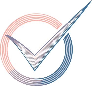 marca de verificación y circulo estilizado validación firmar con azul y rosado rayas. símbolo para exactitud confirmación elección aprobación selección marca vector