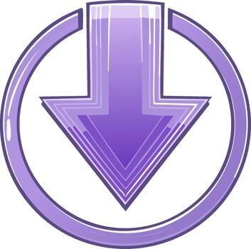 Purple arrow pointing down icon within a circle represents downloading, installing or loading from the internet with a glossy gradient effect vector