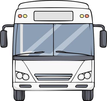 Front view illustration of a white bus with tinted windows and headlights on a white backdrop vector