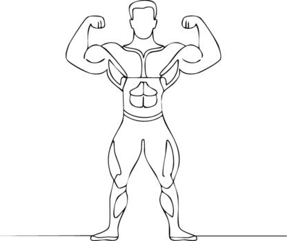 Continuous line drawing of a man showing off his body. Bodybuilder workout exercise. Line art of body posing and flexing biceps vector