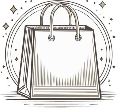 Engraved Style Shopping Bag Icon Surrounded by Sparks and Circle for Retail Concepts and Design Elements vector