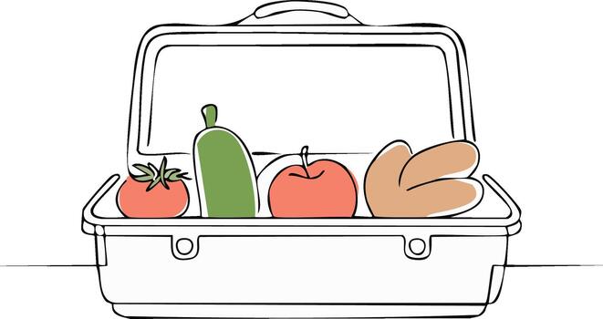 Outline drawing of a lunchbox with tomato, cucumber, apple, and sausages inside on a white background vector