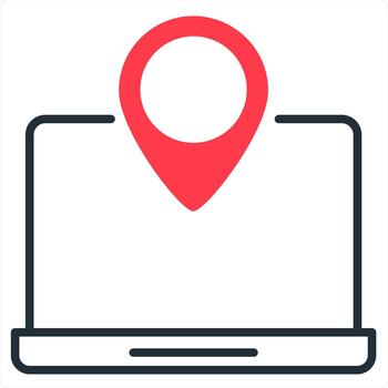 Laptop Location and location icon concept in red line color vector