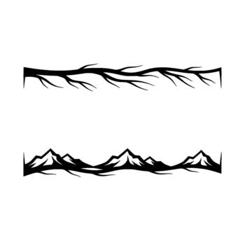 A minimalist silhouette featuring a horizontal branch of bare winter tree limbs above a jagged mountain range skyline vector
