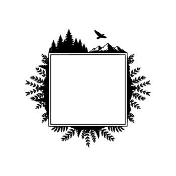 Minimalist silhouette frame featuring coniferous trees pine branches snow capped mountains and a soaring bird vector