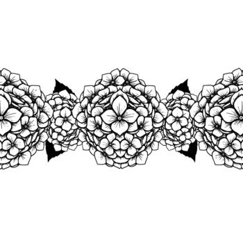 un detallado línea Arte ilustración de un decorativo frontera presentando un repitiendo modelo de mano dibujado hortensia flor racimos con delicado hojas vector