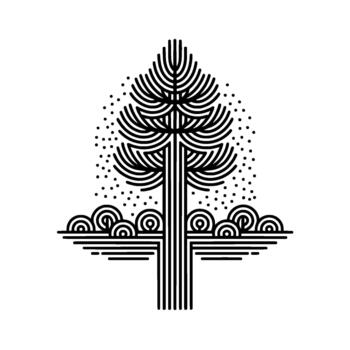A minimalist illustration of a stylized pine tree with concentric circle foliage and a textured dotted background rendered in clean lines vector