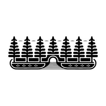Stylized minimalist illustration of a symmetrical row of evergreen trees flanking an arched bridge vector