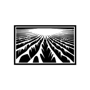 resumen ilustración de estilizado agrícola campo filas convergente hacia un brillante horizonte representando crecimiento y perspectiva prestados en un negrita grabado en linóleo Arte estilo con fuerte contraste y vector