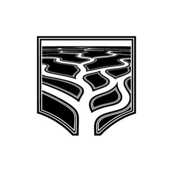 Abstract geometric pattern of intricate winding pathways resembling tree branches or river systems within a stylized shield border vector