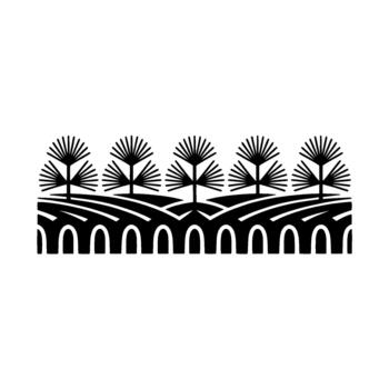 Stylized border featuring a repeating pattern of abstract evergreen trees atop rolling hills over arched structures isolated vector