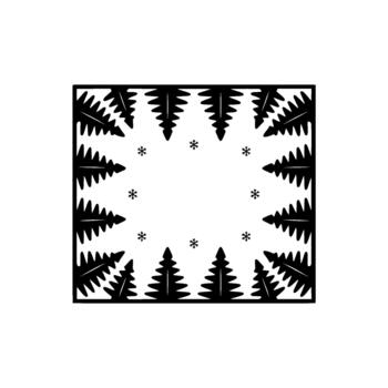 A geometric pattern featuring a circular arrangement of stylized evergreen trees interspersed with delicate snowflakes creating a winter forest border vector