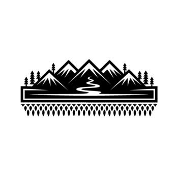 Stylized illustration of a mountain range with snow capped peaks a winding river and evergreen trees above a decorative border of leaf like shapes vector