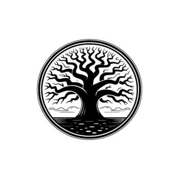 A minimalist illustration of an ancient gnarled oak tree silhouette within a circular frame symbolizing life and nature vector