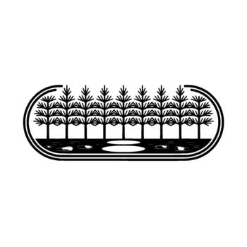 Stylized illustration of a minimalist row of abstract pine trees with geometric branches within an oval frame vector