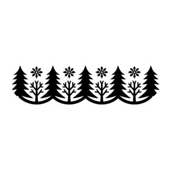 A simple illustration of a seamless border pattern featuring stylized fir trees interspersed with leafless bare trees and delicate snowflakes vector